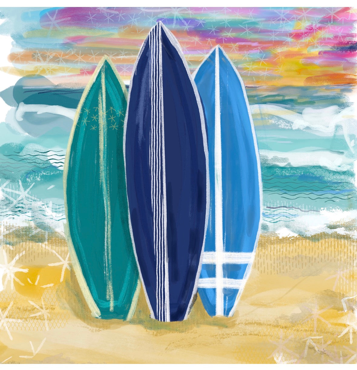 Painting of teal, navy, and blue surfboards on a beach with ocean waves and a pastel sunset sky