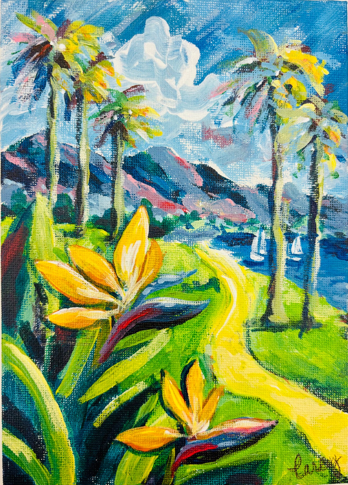 Shoreline Park painting with palm trees, bird-of-paradise flowers, a winding path, and ocean views