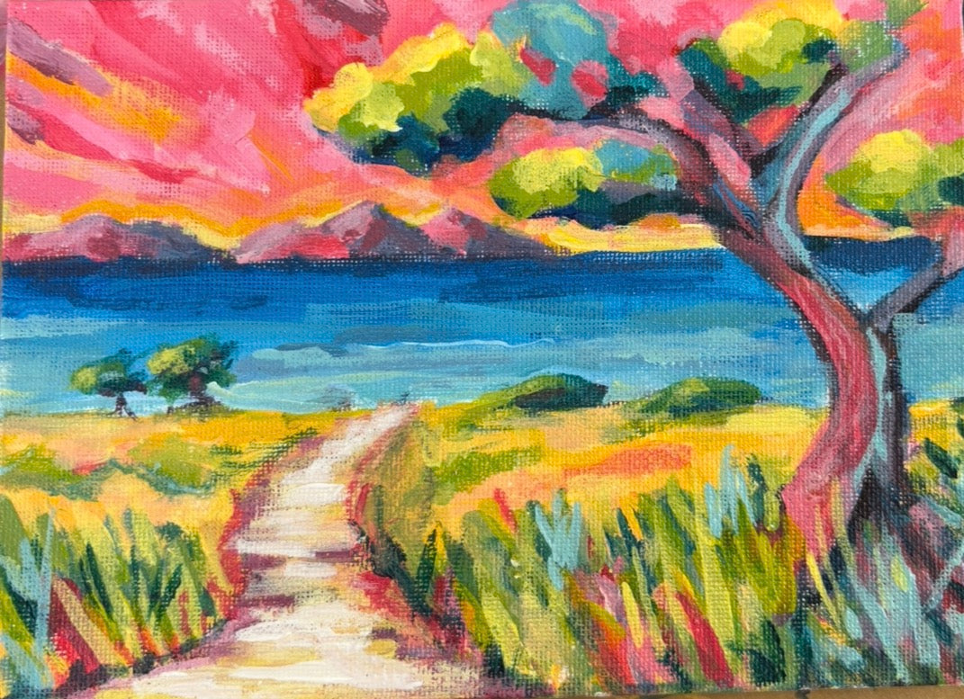 Douglas Preserve painting with a coastal path, blue ocean, pink sky, and tree
