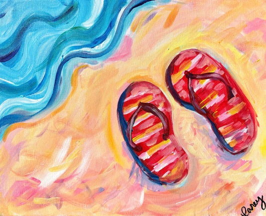 Painting of striped red flip flops on colorful sand beside blue waves