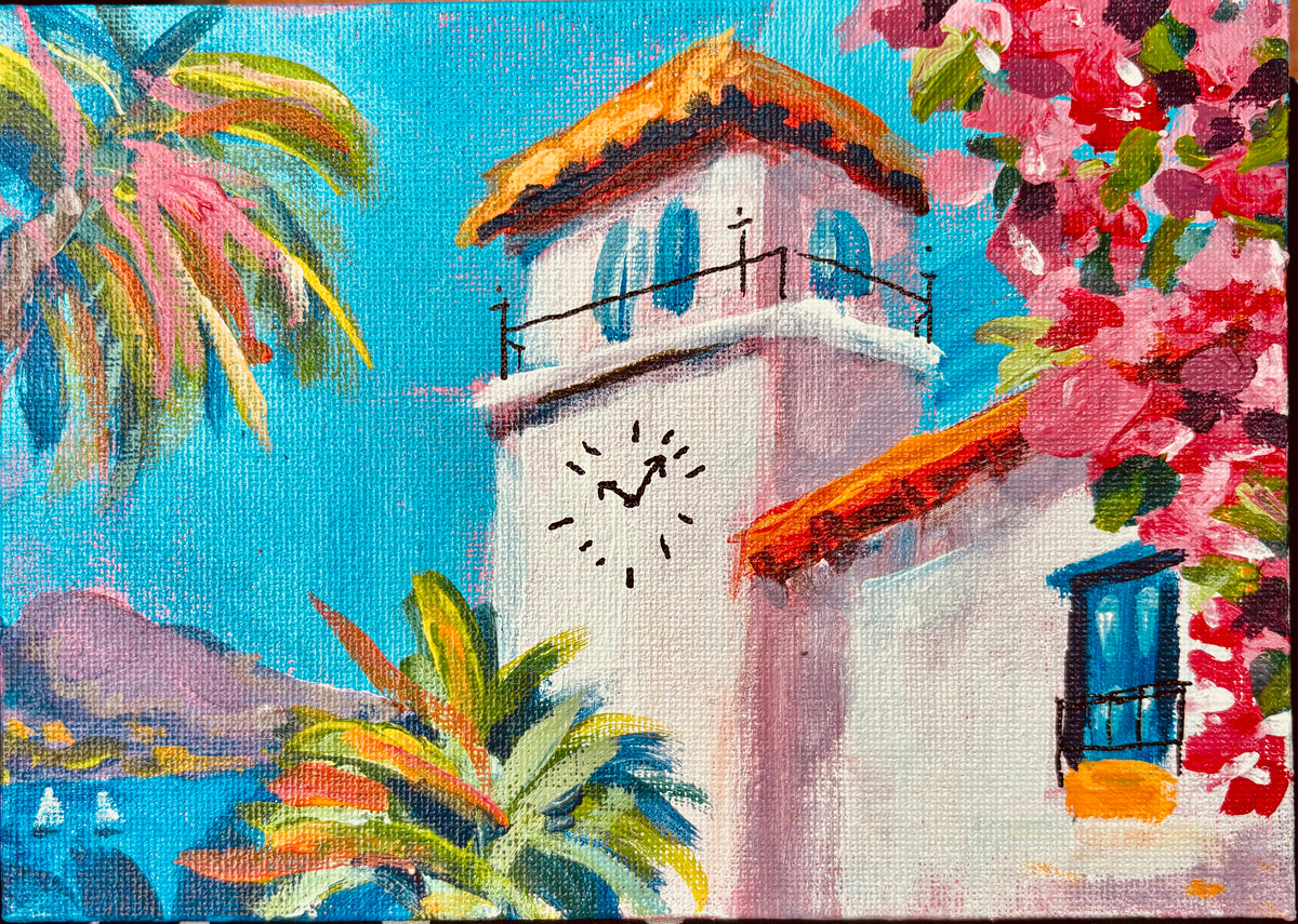 Courthouse clock tower painting with tiled rooftops, palm trees, pink blossoms, and a turquoise sky