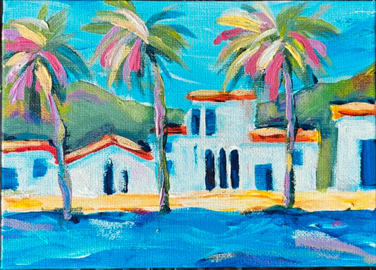 Santa Barbara West Beach painting with tall palms, white buildings, tiled rooftops, and blue water